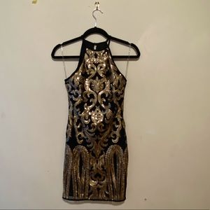 Black and Gold Sequin Mini Dress
